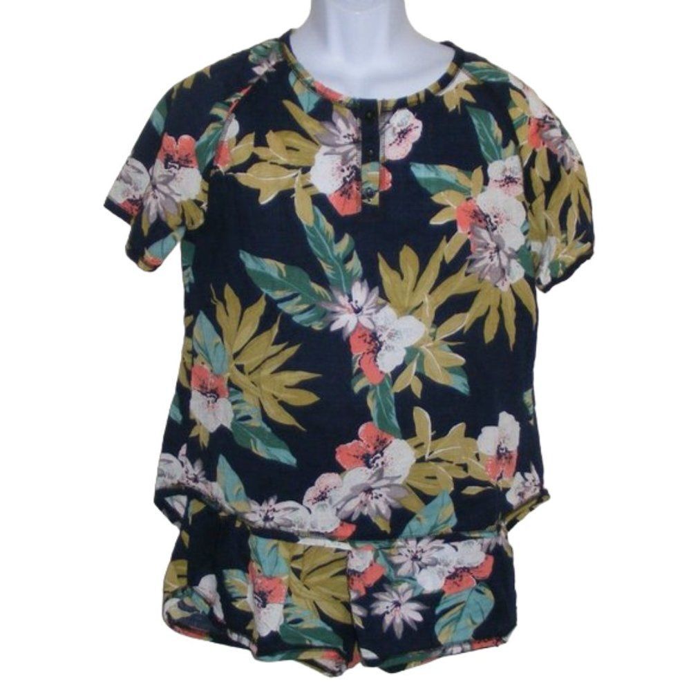 EKOUAER PJ/Pajama Set, L, Top/Shorts, Blue, Multicolor Floral 2pc, Short sleeves
